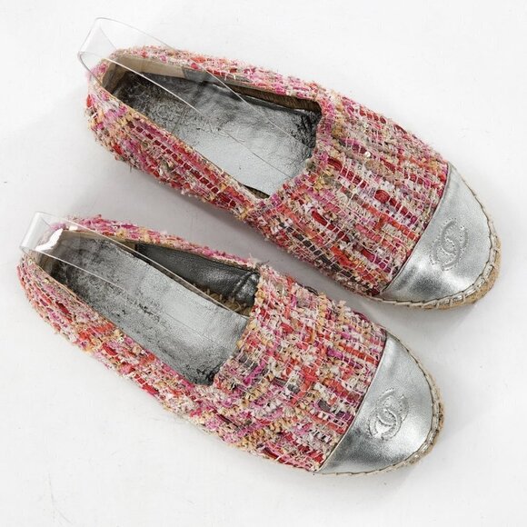 CHANEL Tweed Silver Cap Toe Espadrille Flats - Picture 4 of 12